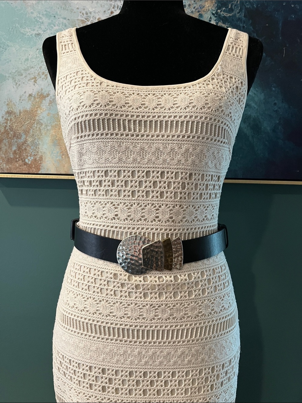 Chico's Black Leather Belt with Hammered Silver-Tone Buckle - Picture 2 of 7